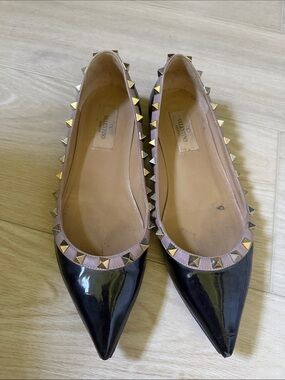 Valentino Black Patent Pointed Flats with Blush Trim and Gold Studs